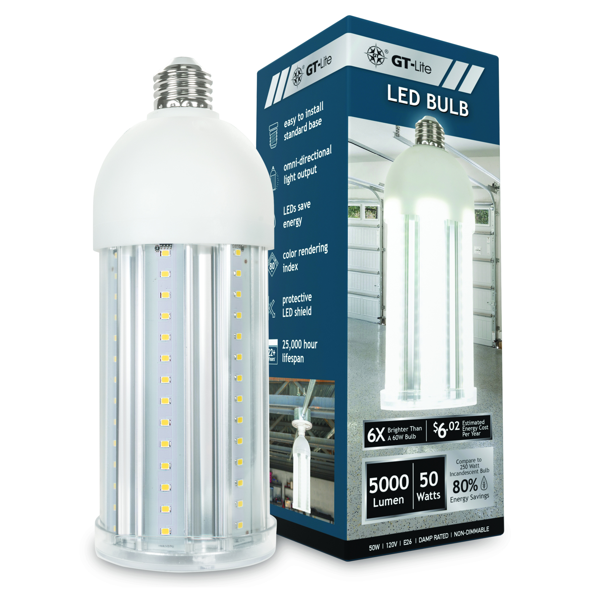 GT Lite High Lumen LED Bulb — 5000 Lumens, 50 Watts, E26 Base, 5000K Daylight, 25,000-Hour Lifespan, Model# GT-CB-50C